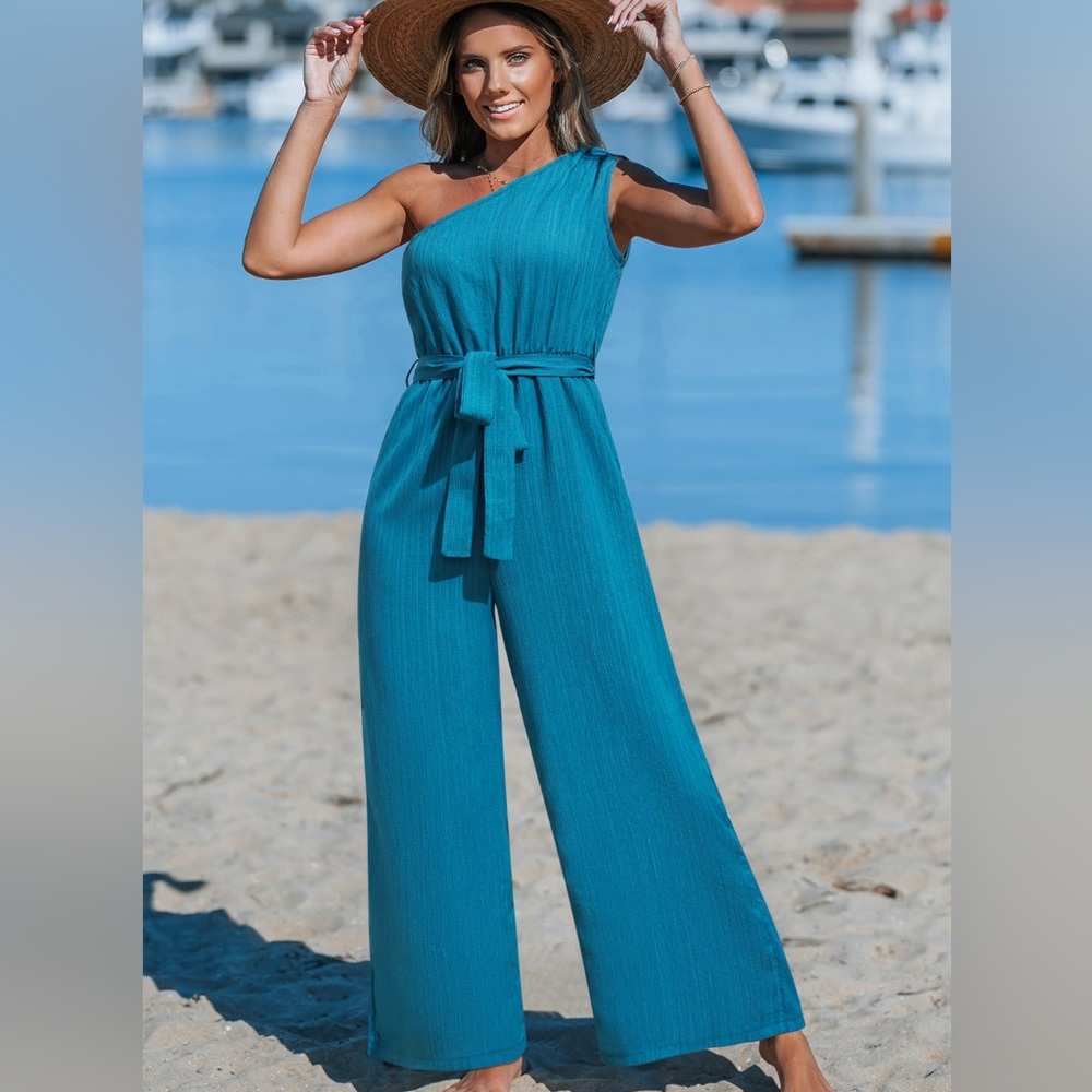 Cupshe Teal One-Shoulder Wide-Leg Jumpsuit with Waist Tie